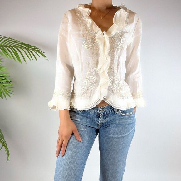 Vintage Neiman Marcus White Floral Cottagecore Ruffle Linen Button Up / Small - Picture 2 of 7
